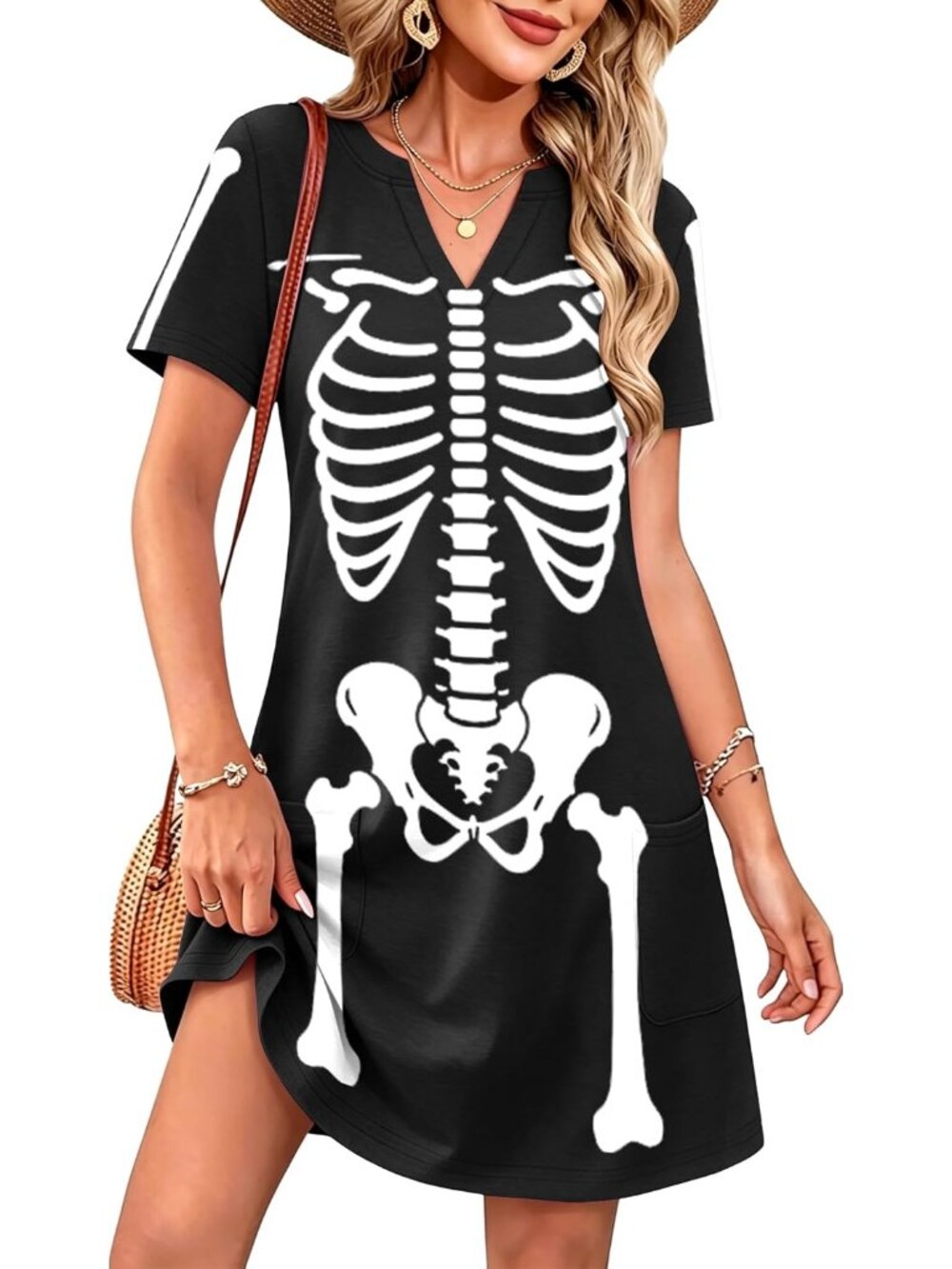 🆕Women's Halloween Skeleton Rib Cage V-Neck Short Sleeve Dress Pockets